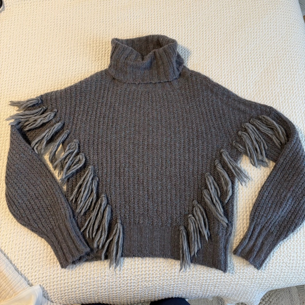 Something Navy Charcoal Turtleneck Sweater with Fringe